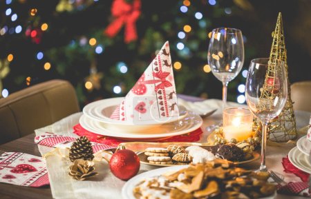 Photo for Festive table for Christmas with candles, decorations - Royalty Free Image