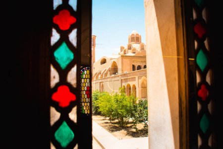 Photo for Hammam Soltan Amir Ahmad the roof and the architecture. Tabatabaei Historical House in Kashan, Iran. Wonderful view of traditional colorful Iranian stained glass windows. - Royalty Free Image