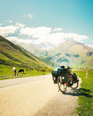 Photo for Red touring bicycle loaded with heavy gear in four pannier bags stand on side of asphalt road surrounded by summer nature and caucasus mountains background. Solo adventure travel - Royalty Free Image