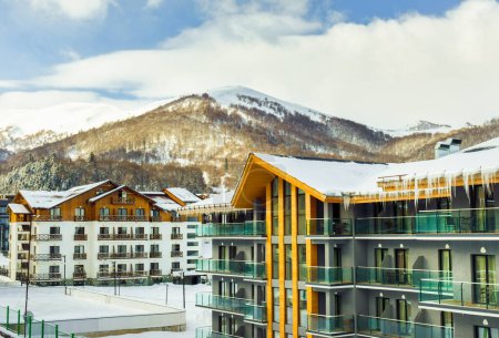 March 5th, 2022: Holiday apartment buildings in Bakuriani holiday ski resort in Georgia.