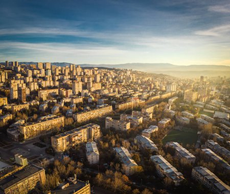 Aerial view of high buildings in Saburtalo district in Tbilisi, Georgia. Property real estate banner caucasus