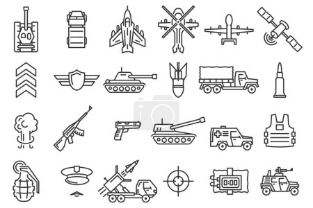 Ensemble d'icônes militaire et militaire. Panneau d'équipement de guerre. Illustration vectorielle de style plat isolée sur fond blanc.