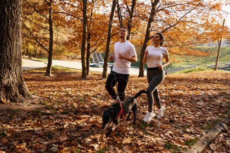 Foto de Jóvenes atléticos corren a través de las hojas caídas con su perro, llevan ropa cómoda - Imagen libre de derechos