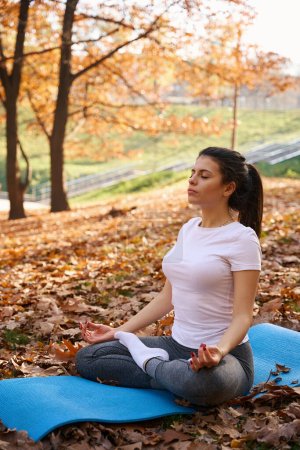 Foto de Mujer joven se sienta en un parque en un carimate y hace yoga contra el telón de fondo de un paisaje otoñal - Imagen libre de derechos