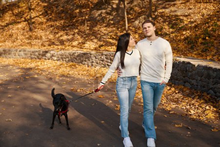 Photo for Cute woman and a guy hugging, they walk in nature, they walk their beloved dog - Royalty Free Image