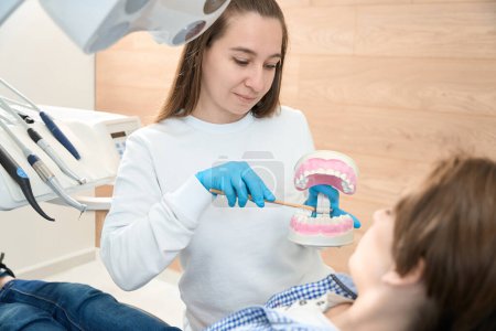 Photo for Boy is learning oral hygiene, the dentist uses a model of the dentition for this - Royalty Free Image
