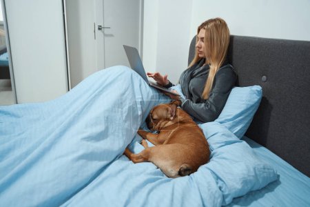 Foto de Grave hembra concentrada sentada en la cama con su perro y escribiendo en el portátil - Imagen libre de derechos