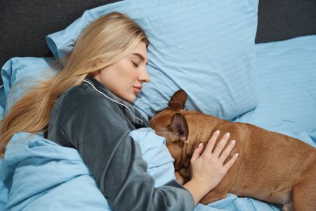Photo for Peaceful young woman wrapped in blanket sleeping in cozy bed with pet - Royalty Free Image