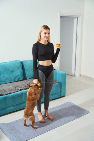 Photo for Pleased female performing arm exercise with dumbbells in presence of her playful dog - Royalty Free Image