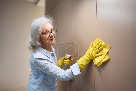 Téléchargez les photos : Femme âgée frotte meubles dans le salon avec un chiffon doux, elle utilise un nettoyant spécial - en image libre de droit