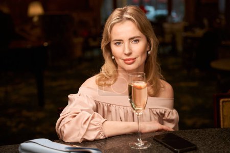 Téléchargez les photos : Femme charmante adulte célébrant l'événement avec un verre de vin tout en étant assise seule et en se relaxant au comptoir du bar - en image libre de droit
