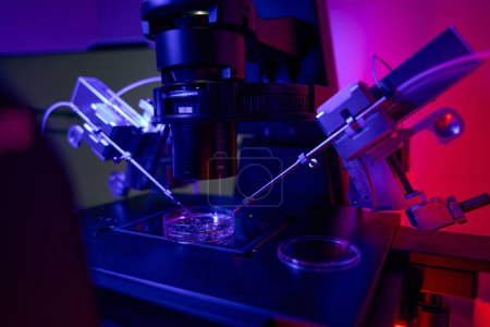 Téléchargez les photos : Cellules fertilisant à l'aide de micromanipulateurs en laboratoire de reproduction, en vue d'un poste de travail pour l'injection intracytoplasmique de sperme icsi - en image libre de droit