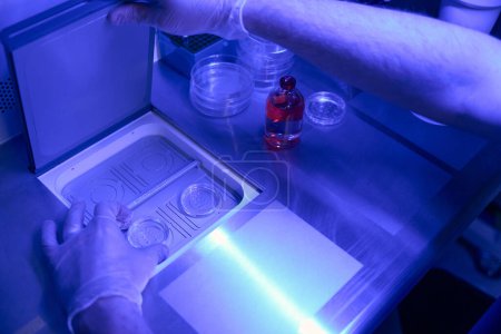 Foto de Trabajador médico sacando embriones en ropa de vidrio de laboratorio de un dispositivo especial, realizando investigaciones genéticas en laboratorio - Imagen libre de derechos