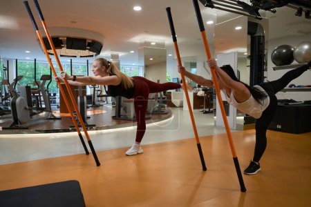 Foto de Rubia y una morena en una clínica de fitness realizan ejercicios de equilibrio con palos gimnásticos, damas en ropa deportiva cómoda - Imagen libre de derechos