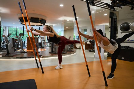 Foto de Morena y una rubia en una clínica de fitness realizan ejercicios de equilibrio con palos gimnásticos, damas en ropa deportiva cómoda - Imagen libre de derechos