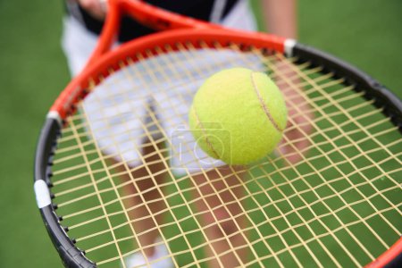 Foto de Raqueta de tenis y pelota de tenis en las manos de una mujer joven, hierba verde bajo los pies - Imagen libre de derechos