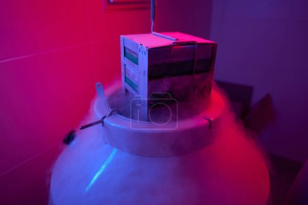 Téléchargez les photos : Cryostockage moderne pour la préservation des biomatériaux, l'azote liquide est utilisé pour la congélation - en image libre de droit