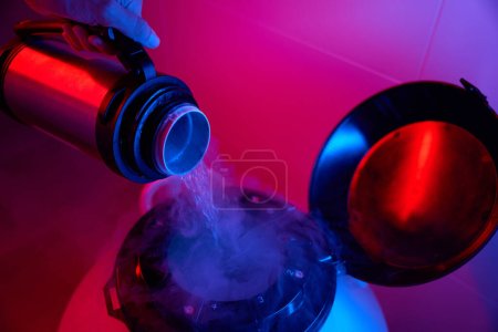 Photo for Laboratory employee pours liquid nitrogen into a cryocapsule, he uses equipment for cryopreservation of biomaterial - Royalty Free Image