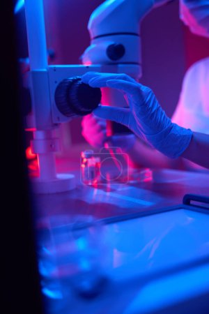 Foto de Asistente de laboratorio trabaja con biomaterial utilizando un potente microscopio, el especialista ajusta el ocular con una mano en un guante protector - Imagen libre de derechos