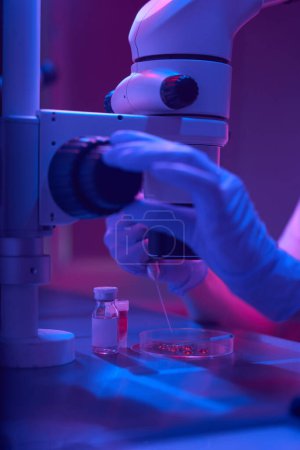 Téléchargez les photos : Embryologue travaille avec le biomatériau à l'aide d'un microscope puissant, le spécialiste ajuste l'oculaire avec la main dans un gant de protection - en image libre de droit