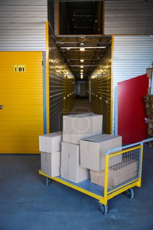 Photo for Cargo trolley on small wheels stands near the containers, there are a lot of boxes on the trolley - Royalty Free Image
