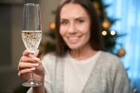 Foto de Adorable mujer sonriente levantando una copa de champán mirando sonriente celebrando la víspera de Año Nuevo - Imagen libre de derechos