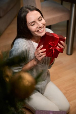 Foto de Mujer sonriente satisfecha abrazando la caja presente mientras está sentado nuevo árbol de Navidad siendo feliz de recibir regalo en días festivos - Imagen libre de derechos