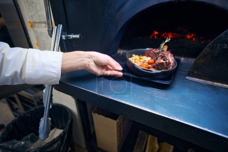 Foto de Cook envía una sartén con carne al horno, utiliza productos de calidad - Imagen libre de derechos