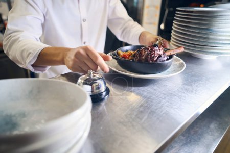 Foto de Cocinero sirve una sartén con carne en un plato, utiliza productos de calidad - Imagen libre de derechos
