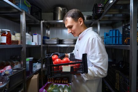 Téléchargez les photos : Un employé de cuisine a apporté une boîte de tomates dans le réfrigérateur du restaurant, entourée d'étagères de nourriture - en image libre de droit