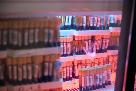 Foto de Conservación de biomaterial para su análisis en un refrigerador especial, todos los tubos están etiquetados - Imagen libre de derechos