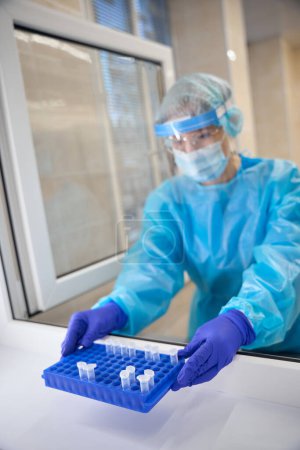 Foto de Asistente de laboratorio en equipo de protección sostiene un organizador con tubos de ensayo en las manos, utiliza una pantalla protectora - Imagen libre de derechos