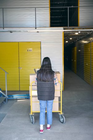 Photo for Back view of adult woman pushing platform trolley loaded with cardboard boxes towards storage container - Royalty Free Image