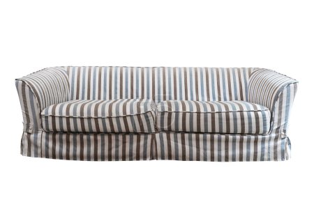 Photo for Blue and brown stripped pattern sofa isolated on white background. - Royalty Free Image