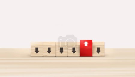 Photo for Red wooden block with arrow facing individual pointing in the different way on wooden table, Business solution, Unique, think different concept. 3D illustration. - Royalty Free Image