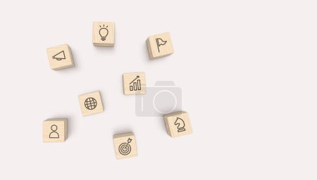 Photo for Top view of wooden block with business strategy and finance icons on gray background concept. 3D illustration. - Royalty Free Image