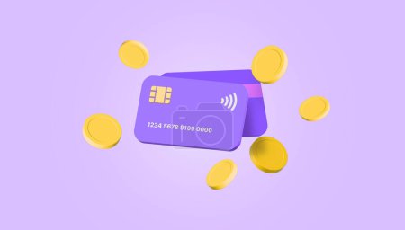 Photo for 3D credit or debit card cashless concept. money transfer. Financial transactions. coins floating on purple background minimal style, 3d render. illustration - Royalty Free Image