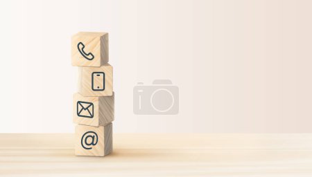 Photo for Wooden block cube symbol telephone, email, address and mobile phone. Website page contact us or e-mail marketing concept. 3D illustration. - Royalty Free Image