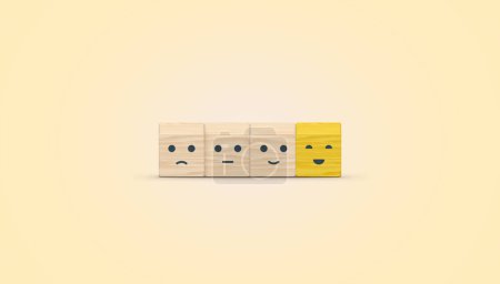 Photo for Customer service evaluation and satisfaction survey concepts, evaluation, Increase rating. Happy face smile face icon on wooden cube on yellow background. 3D illustration. - Royalty Free Image