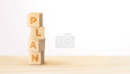 Photo for PLAN wooden cube blocks stack on white background with copy space. Business plan concept. 3D illustration. - Royalty Free Image