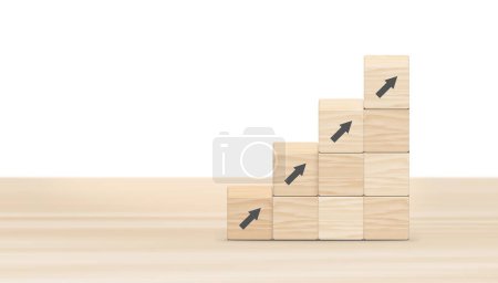 Foto de Business growth up banner concept. On table arrow go up on wood block stacking same as step stair background. Abstract Success stock market. management achievement. 3D illustration. - Imagen libre de derechos