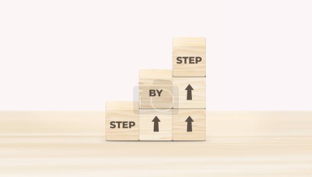Photo for The word step by step on wooden cubes. Achievement or progress in business career. 3D illustration. - Royalty Free Image