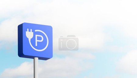 Photo for EV parking sign. Recharging point for electric vehicles sign against clear sky. 3D illustration. - Royalty Free Image