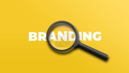 Téléchargez les photos : Branding word lettering typography with magnifying glass zooming the word branding on yellow background. 3D illustration. - en image libre de droit