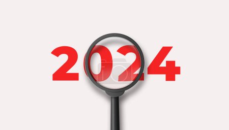 Magnifying glass magnifies the year 2024 on white background. Focusing on the year 2024 for business planning concept. 3D illustration.