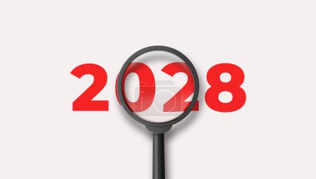 Photo for Magnifying glass magnifies the year 2028 on white background. Focusing on the year 2028 for business planning concept. 3D illustration. - Royalty Free Image