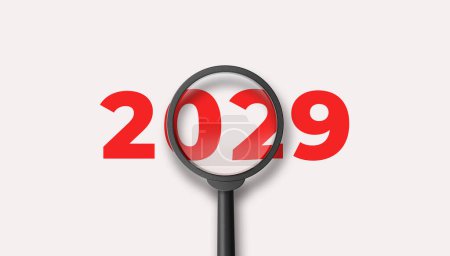 Photo for Magnifying glass magnifies the year 2029 on white background. Focusing on the year 2029 for business planning concept. 3D illustration. - Royalty Free Image