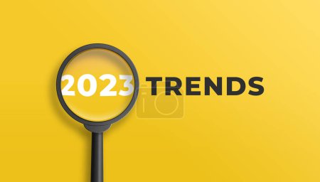 Photo for Magnifying glass magnifies 2023 trends on yellow background. Focusing on the year 2023 for technology trends update concept. 3D illustration. - Royalty Free Image