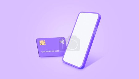 Photo for Mobile with credit card on purple background. Mobile banking and Online payment service. Saving money wealth and business financial concept. Smartphone money transfer online. 3D illustration. - Royalty Free Image