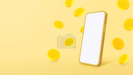 Photo for Mockup of Golden Smartphone surrounded by golden coin. Mobile banking service, financial payment Smartphone mobile screen. 3D illustration. - Royalty Free Image